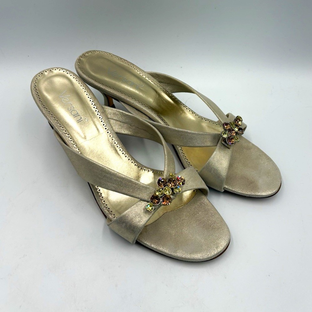 Versani Gold Strappy Open Toe Slip On Rhinestone Heel Womens US 9 B Italy